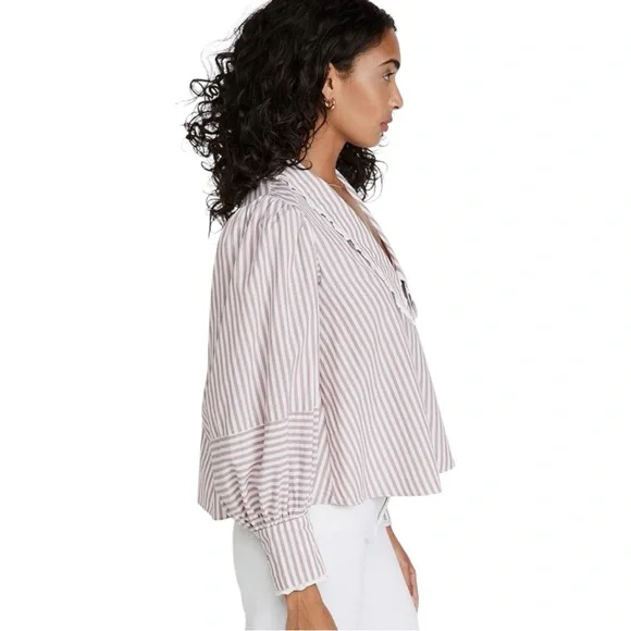 Free People Bexley Cotton Striped Blouse Button Up Puffed Sleeve Lace NEW M - Picture 6 of 15